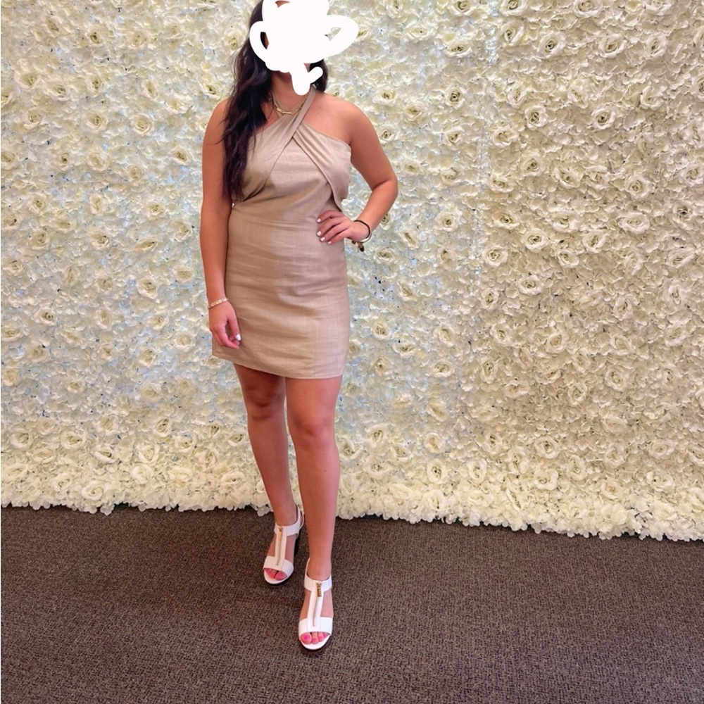 EUC BEAUTIFUL beige taupe almond mini short dress halter top from Bohme